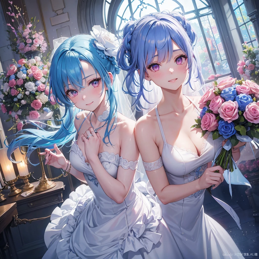 Sky blue hair, (Braided Ponytail),(Pink Eyes),Fair skin ,(whole body),(One girl),bride,A big smile,Straight bangs, 6月のbride,Wedding dress,(masterpiece, Highest quality, Very detailed, Best Shadow), (Detailed Background), (Beautifully detailed face), High Contrast, (Best lighting, Very delicate and beautiful), ((Cinematic Light)), colorful, Hyper Detail, Dramatic Light, Intricate details,Chapel background,A bouquet of roses in the right hand,Ring on left ring finger,