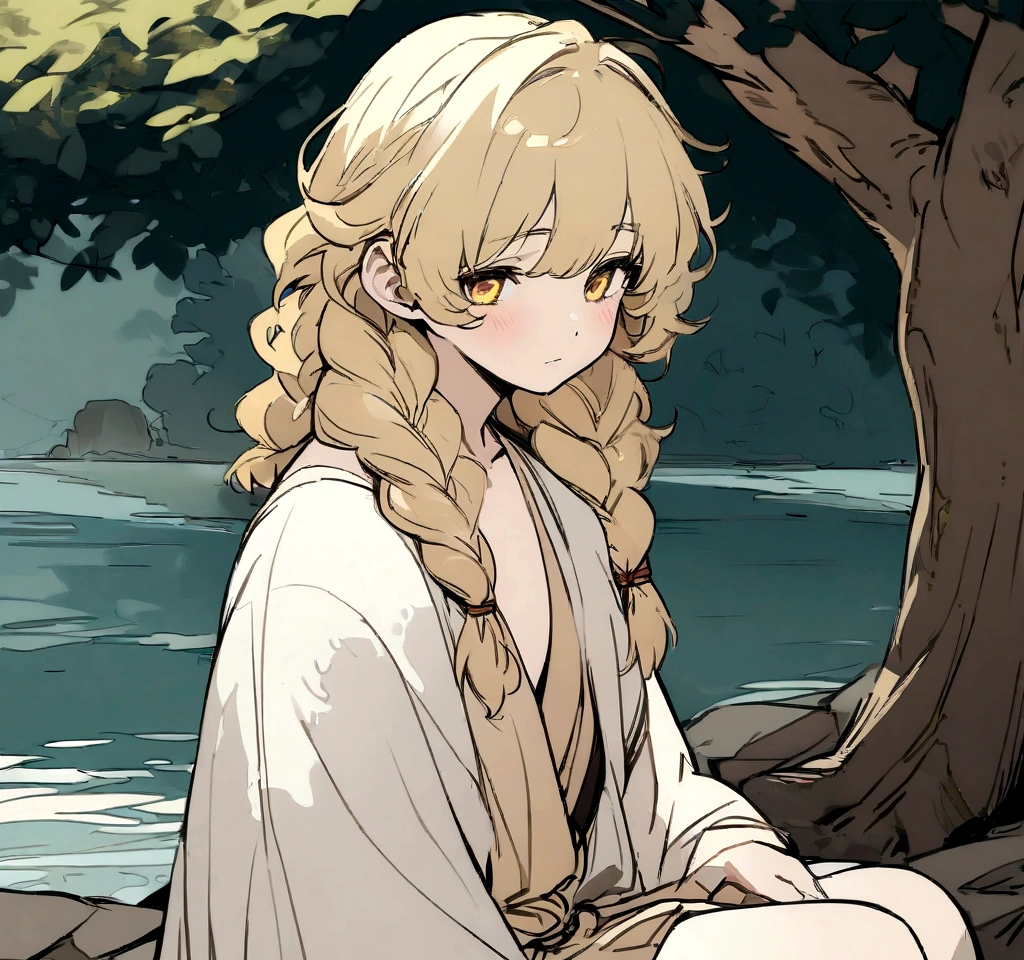 Masterpiece, High quality, High quality of art, anime lineart, Oil painting style, 1boy, Femboy, Light golden hair, braids, Yellow eyes, red eyeshadows, calm, half-asleep, near a large tree, feminine, in simple rustic clothes, Half-naked, morning, Pale, This boy is sitting under a tree near the river, Fluffy curly hair with braids, In the clothes of a boy of the Middle Ages