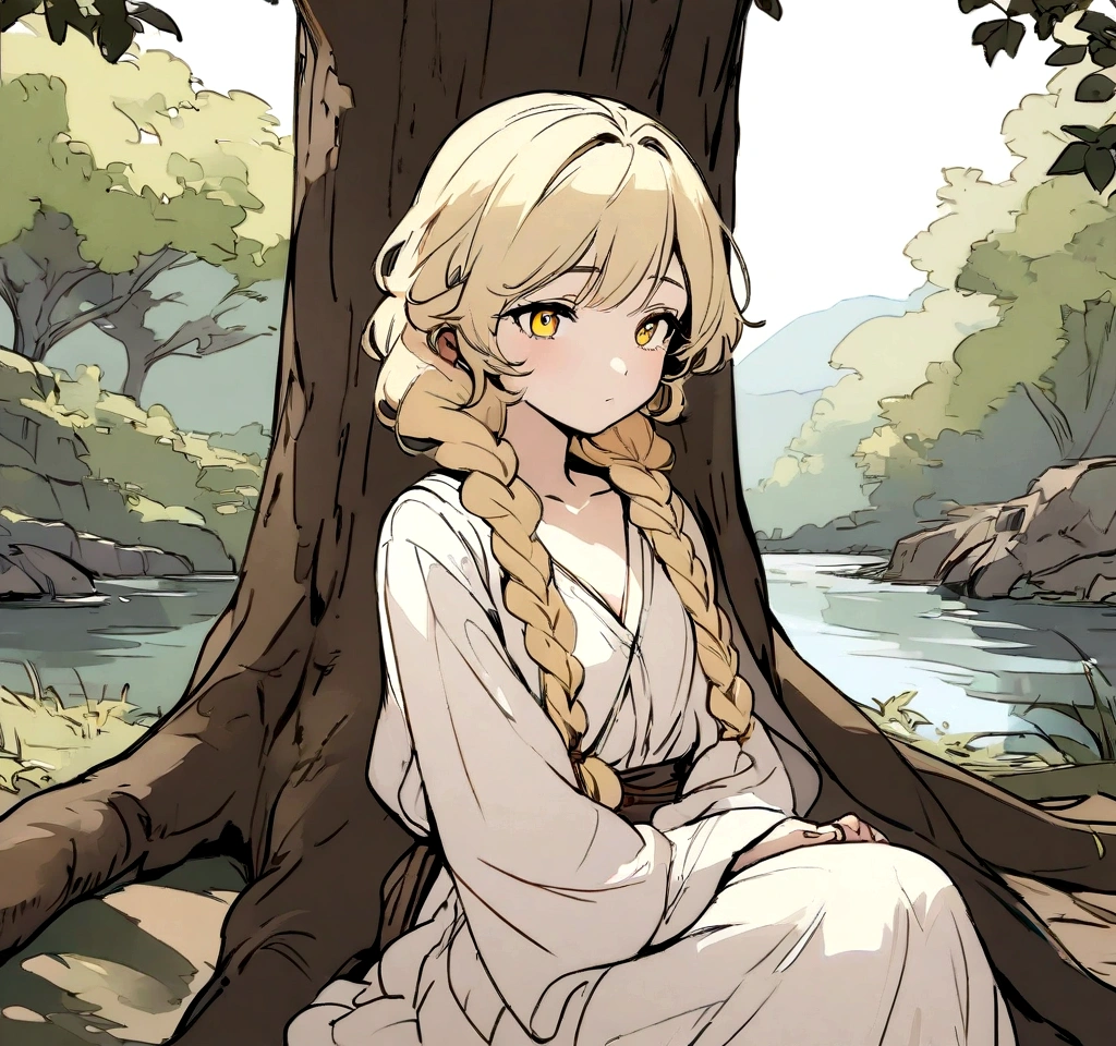 Masterpiece, High quality, High quality of art, anime lineart, Oil painting style, 1boy, Femboy, Light golden hair, braids, Yellow eyes, red eyeshadows, calm, half-asleep, near a large tree, feminine, in simple rustic clothes, Half-naked, morning, Pale, This boy is sitting under a tree near the river, Fluffy curly hair with braids, In the clothes of a boy of the Middle Ages