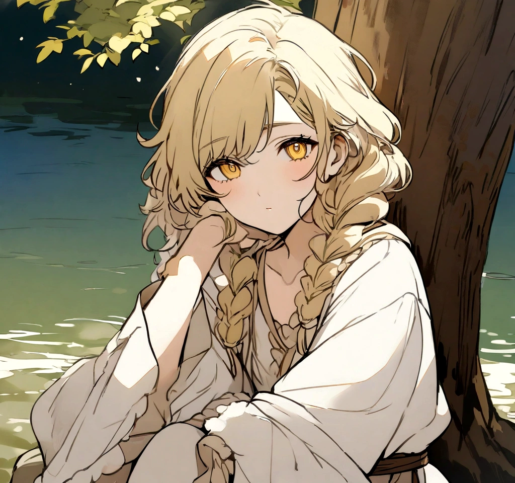 Masterpiece, High quality, High quality of art, anime lineart, Oil painting style, 1boy, Femboy, Light golden hair, braids, Yellow eyes, red eyeshadows, calm, half-asleep, near a large tree, feminine, in simple rustic clothes, Half-naked, morning, Pale, This boy is sitting under a tree near the river, Fluffy curly hair with braids, In the clothes of a boy of the Middle Ages