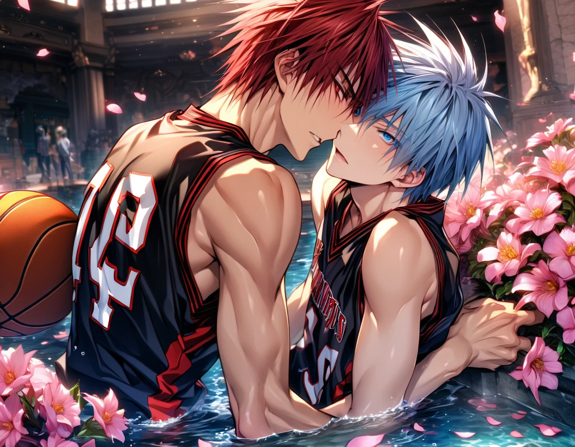 absurdres, highres, ultra detailed, HDR, masterpiece, extremely detailed face and eyes, Kagami Taiga, red short hair, expressive red eyes, Kuroko No Basket, Kuroko Tetsuya, light-blue hair, expressive blue eyes, two sexy men together, gay couple, yaoi, handsome, basketball uniform, fantasy, magical, pink flowers, water, pink petals