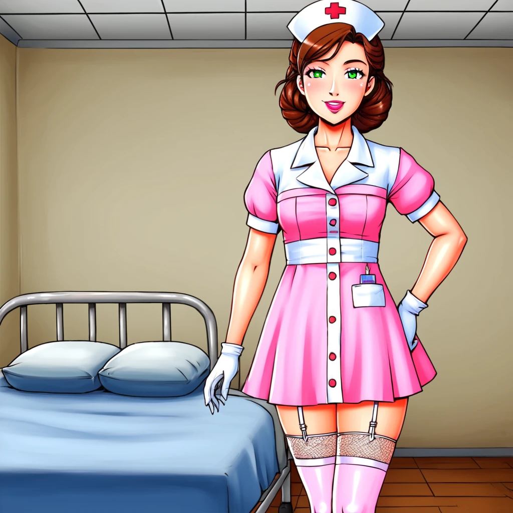 slutty floozy 1girl , solo, whore floozy sleazy lacivious nurse lingerie using pantyhoose, nurse cap, low pink wear, ((low ping legwear, zettai ryouiki)), white gloves,lingerie, green eyes, drooping eyes, pink lips, smile, standing, ((hospital room)), sharp outline, short sleeves, young female, 18 years old, best quality, masterpiece painted by ilya kuvshinov, gaston bussiere, craig mullins, hajime sorayama alphonse mucha, artstation, Despite the provocative elements, the image remains tasteful, focusing on artistic expression and contrasting gothic horror vibes with vibrant paint splatters. The final product is a highly detailed, stylized oil photo, masterfully created with HDR technology and 8k resolution.