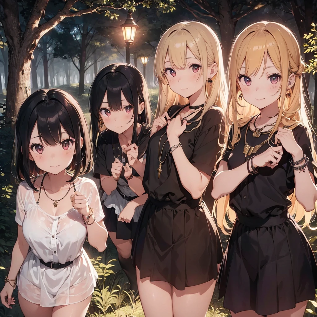 a group of beautiful witch girls in the middle of a forest in the night, necklaces, girls standing,short skirt, y, light dress, transparent dress, girls standing in the middle of the forest , bracelets, earrings, completely nakibal tattoos, three girls, blonde hair, black hair , red hair, smile