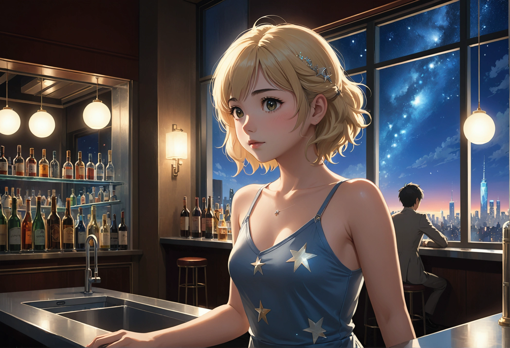 Uses Makoto Shinkai'The depiction is perfect,Portrait of Urassaya Sepaban,8k 4k masterpiece photo ,NY,Glass ceiling jazz bar,I can see the twinkling stars through the glass window.,that'Outside in the dark night,Jazz is playing,profile,Beautiful profile,Semi-long hair,Blonde,Look in a different direction,Standing alone at the counter,Tight-fitting silver tank top dress,Small bust