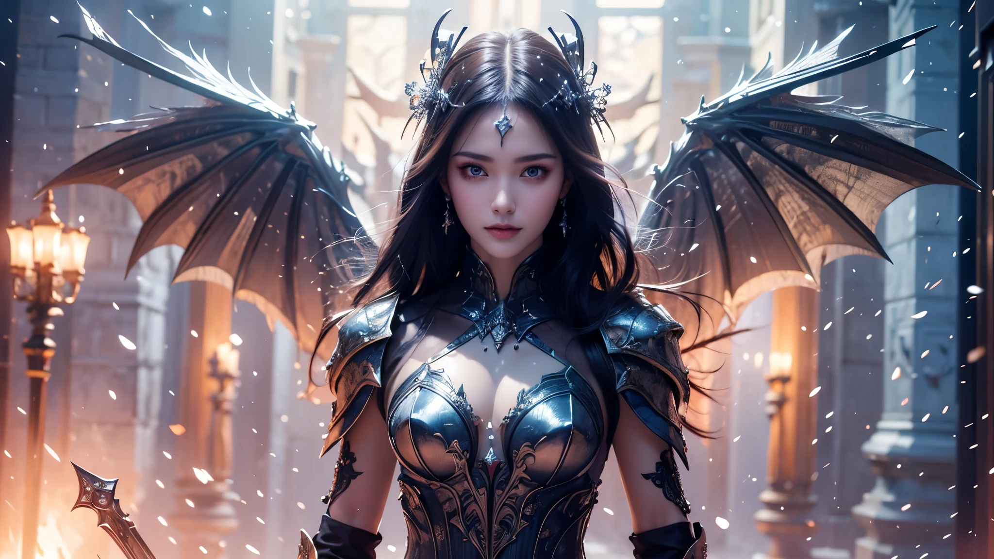 Close-up of woman holding sword and armor, Armor Girl, 2. 5D CGI anime fantasy artwork, Large Breasts,Epic fantasy digital art style, detailed Digital 2D fantasy art, Digital 2D fantasy art, original photo, (best quality:1.3), high resolution, (masterpiece), (lifelike:1.4), Professional photography, Clear focus, High Dynamic Range, 8k resolution, Intricate details, Fine details, Depth of Field, Extremely detailed CG unified 8k wallpaper, masterpiece,poster,best quality,Official Art,(Beauty and aesthetics:1.2),(masterpiece:1.3),Miss,personal,Light Leather Armor,complex pattern,winter,Snow Mountain,Medium distance photography,(midnight),dramatic,Giant bat wings,