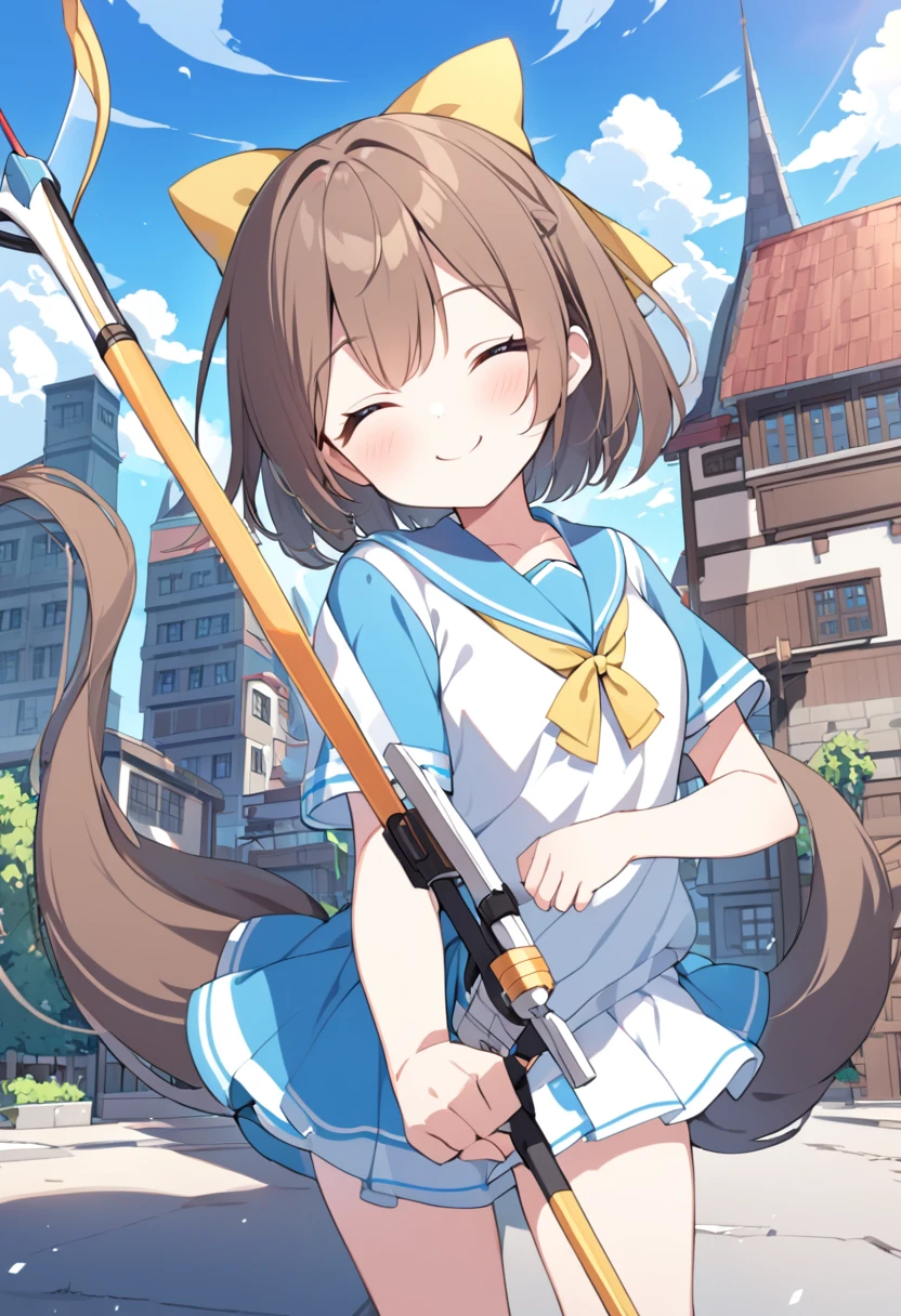 1 girl, alone, broad, blush, SMILE, Brown hair, bow, two tails, Closed eyes, weapon, short sleeves, hair bow, sky, day, blue sky, building, in front of the viewer, yellow bow, bow (weapon), ARROW (projectile)