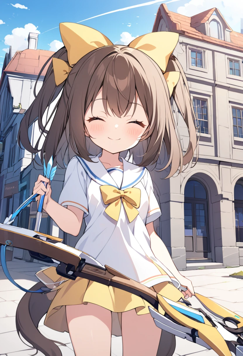 1 girl, alone, broad, blush, SMILE, Brown hair, bow, two tails, Closed eyes, weapon, short sleeves, hair bow, sky, day, blue sky, building, in front of the viewer, yellow bow, bow (weapon), ARROW (projectile)