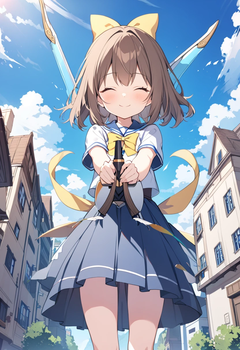 1 girl, alone, broad, blush, SMILE, Brown hair, bow, two tails, Closed eyes, weapon, short sleeves, hair bow, sky, day, blue sky, building, in front of the viewer, yellow bow, bow (weapon), ARROW (projectile)