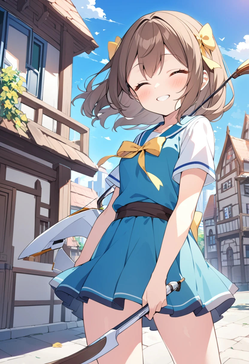 1 girl, alone, broad, blush, SMILE, Brown hair, bow, two tails, Closed eyes, weapon, short sleeves, hair bow, sky, day, blue sky, building, in front of the viewer, yellow bow, bow (weapon), ARROW (projectile)