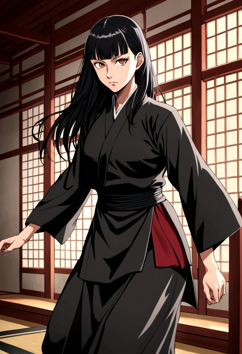 a tall woman with long black hair and bangs, she has brown eyes, she is wearing a jujutsu high uniform, she is wearing a long boots too, jujutsu kaisen