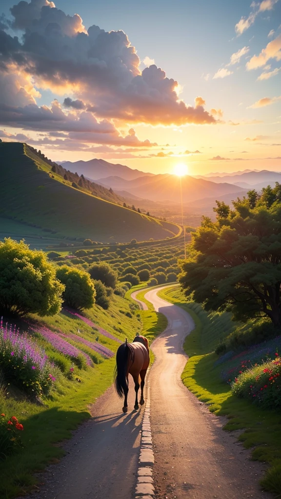 (On the ancient road，The west wind blows，A skinny horse walks leisurely。The setting sun shines on the stone road，variegated。Wildflowers swaying in the wind，Bring vitality。Birds flying across the sky，Melodious sound。here，It is a peaceful and healing landscape。