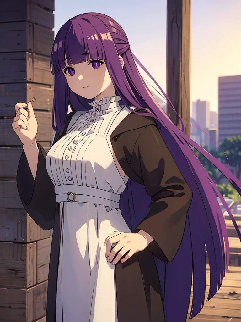 è²ä¼¦,1girl,solo,purple hair,long hair,purple eyes,blunt bangs,sidelocks,half updo,bright pupils, hair ornament,frilled collar,black robe,white dress,center frills,buttons,wide sleeves,long sleeves,curvy,cowboy shot,brown coat,from side,smile,, Exquisite visuals, high-definition,masterpiece,best quality,, 20yo,Young female,Beautiful Finger,Beautiful long legs,Beautiful body,Beautiful Nose,Beautiful character design, perfect eyes, perfect face,expressive eyes, looking at viewer, official art,extremely detailed CG unity 8k wallpaper, perfect lighting,Colorful, Bright_Front_face_Lighting,shiny skin, (masterpiece:1.0),(best_quality:1.0), ultra high res,4K,ultra-detailed, photography, 8K, HDR, highres, absurdres:1.2, Kodak portra 400, film grain, blurry background, bokeh:1.2, lens flare, (vibrant_color:1.2), (beautiful_face:1.5),(narrow_waist), 