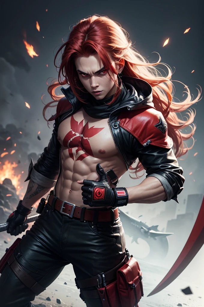 tryhard red image, bright red eyes, Killer look, Shark teeth, and with a knife