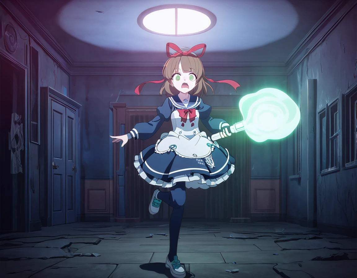 (best quality,4k,highres) A cute 15 years old japaneese girl, drawn in anime style, futuristic, Frutiger aero aesthetic, sci-fi, is afraid, jade green eyes, long brown hair, ribbon headband, small breast, white and blue futuristic sailor lolita dress with puffy sleeves, school crest, red ribbon, navy blue pantyhose, High tech sport shoes with glowing parts, holding a flashlight, screaming in horror, in a abandoned haunted mansion, running away from a creepy ghost, at night, moonlight, low brightness, darkness, highly detailed, 4K.