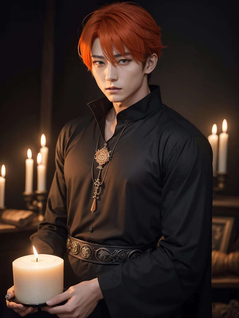 Jungkook bts actor and kpop idol more realism in hair and clothing hair orange, Generate an image of a Korean Kpop idol with bright orange hair, dressed in a black shirt and a tunic of the same color, surrounded by dark witches and warlocks in a coven. The background must be dark and gloomy, lleno de velas y witchcraft symbols.Create a visual representation of a Korean Kpop actor, with a spinal crown on his head, dressed in a black tunic and black shirt in a coven setting. Around it, dark witches casting curses, with a shadowy forest full of candles as a backdrop.Produces an image where a Korean Kpop idol, recognizable by his bright orange hair, is immersed in an environment of witchcraft and curse. He is dressed in a black tunic and a dark shirt, surrounded by wizards and witches in a dark forest full of magical symbols.Korean kpop idol actor who is dressed in a black shirt, black tunic, with a crown of thorns on his head, he is in a witches coven, all dark witches, curse and witchcraft, the background that is dark dark, a black background in a forest full of candles and spells, witchcraft symbols, bright orange hair amidst candles at a coven. homme coréen musclé maléfique manly muscle man, Young muscular evil Asian, 30 years old, manly, serious, serious face, rough features. Let your muscles be shown, half your body exposed with snake tattoos.asian with strong muscles showing, rough masculine face, masculine manly manly features. Australian Canadian with a rough muscular face who shows off his muscles Australian boy with neck tattoos