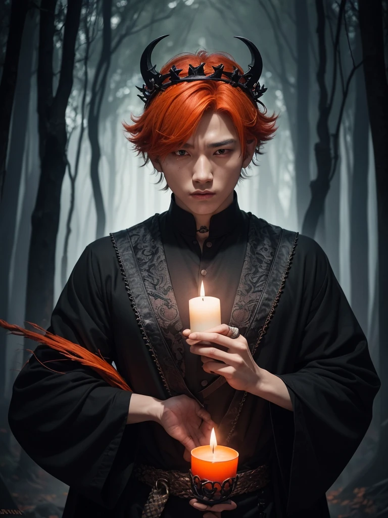 Jungkook bts actor and kpop idol more realism in hair and clothing hair orange, Generate an image of a Korean Kpop idol with bright orange hair, dressed in a black shirt and a tunic of the same color, surrounded by dark witches and warlocks in a coven. The background must be dark and gloomy, lleno de velas y witchcraft symbols.Create a visual representation of a Korean Kpop actor, with a spinal crown on his head, dressed in a black tunic and black shirt in a coven setting. Around it, dark witches casting curses, with a shadowy forest full of candles as a backdrop.Produces an image where a Korean Kpop idol, recognizable by his bright orange hair, is immersed in an environment of witchcraft and curse. He is dressed in a black tunic and a dark shirt, surrounded by wizards and witches in a dark forest full of magical symbols.Korean kpop idol actor who is dressed in a black shirt, black tunic, with a crown of thorns on his head, he is in a witches coven, all dark witches, curse and witchcraft, the background that is dark dark, a black background in a forest full of candles and spells, witchcraft symbols, bright orange hair amidst candles at a coven. homme coréen musclé maléfique manly muscle man, Young muscular evil Asian, 30 years old, manly, serious, serious face, rough features. Let your muscles be shown, half your body exposed with snake tattoos.asian with strong muscles showing, rough masculine face, masculine manly manly features. Australian Canadian with a rough muscular face who shows off his muscles Australian boy with neck tattoos