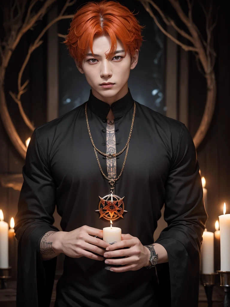 Jungkook bts actor and kpop idol more realism in hair and clothing hair orange, Generate an image of a Korean Kpop idol with bright orange hair, dressed in a black shirt and a tunic of the same color, surrounded by dark witches and warlocks in a coven. The background must be dark and gloomy, lleno de velas y witchcraft symbols.Create a visual representation of a Korean Kpop actor, with a spinal crown on his head, dressed in a black tunic and black shirt in a coven setting. Around it, dark witches casting curses, with a shadowy forest full of candles as a backdrop.Produces an image where a Korean Kpop idol, recognizable by his bright orange hair, is immersed in an environment of witchcraft and curse. He is dressed in a black tunic and a dark shirt, surrounded by wizards and witches in a dark forest full of magical symbols.Korean kpop idol actor who is dressed in a black shirt, black tunic, with a crown of thorns on his head, he is in a witches coven, all dark witches, curse and witchcraft, the background that is dark dark, a black background in a forest full of candles and spells, witchcraft symbols, bright orange hair amidst candles at a coven. homme coréen musclé maléfique manly muscle man, Young muscular evil Asian, 30 years old, manly, serious, serious face, rough features.  Let your muscles be shown, half your body exposed with snake tattoos.asian with strong muscles showing, rough masculine face, masculine manly manly features. Australian Canadian with a rough muscular face who shows off his muscles   Australian boy with neck tattoos  