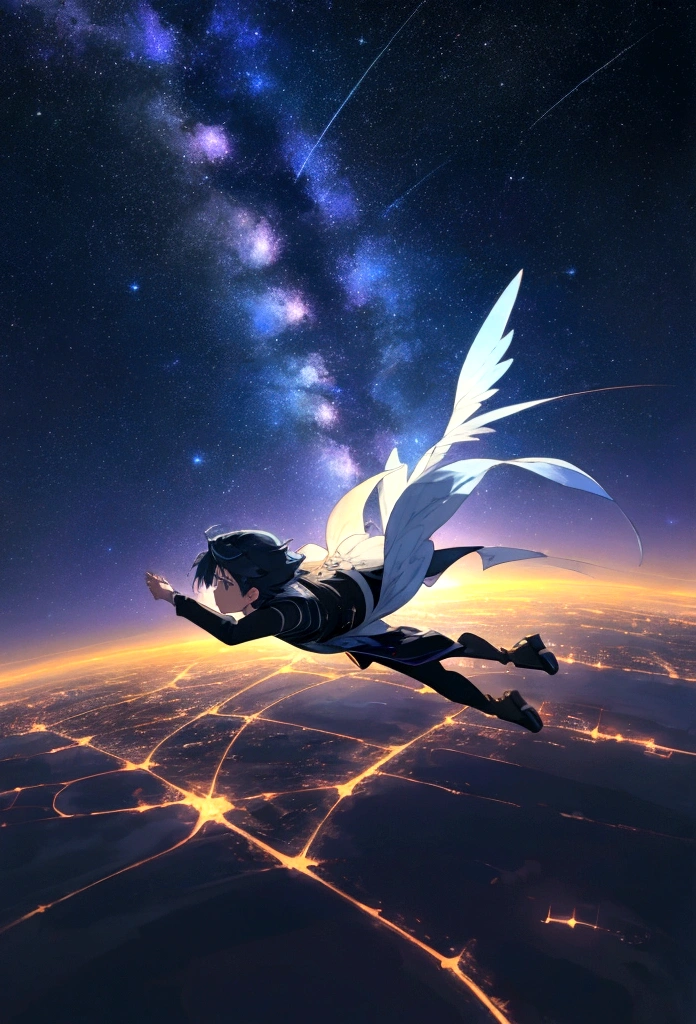 Scene of a beautiful boy flying through a beautiful starry night sky,anime art wallpaper 4k, anime art wallpaper 4k, Anime Art Wallpapers 8K, anime wallpaper 4k, anime wallpaper 4k, 4k anime wallpaper,The night view below