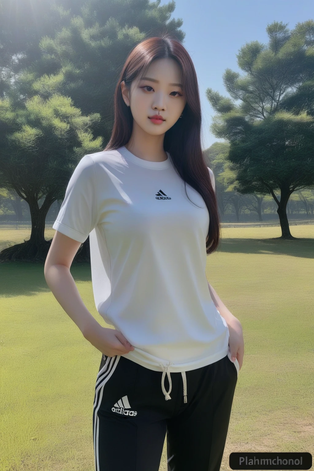 a woman standing in a field wearing a white shirt and black pants, wearing adidas clothes, Suzy, wearing a volleyball shirt, jennie blackpink,  korean, Jinyoung Shin, plain and tight white suit, tzuyu from twice, heonhwa choe, linda jovem korean, wenfei you, sports clothes, mesh shirt, linda mulher sul-korean