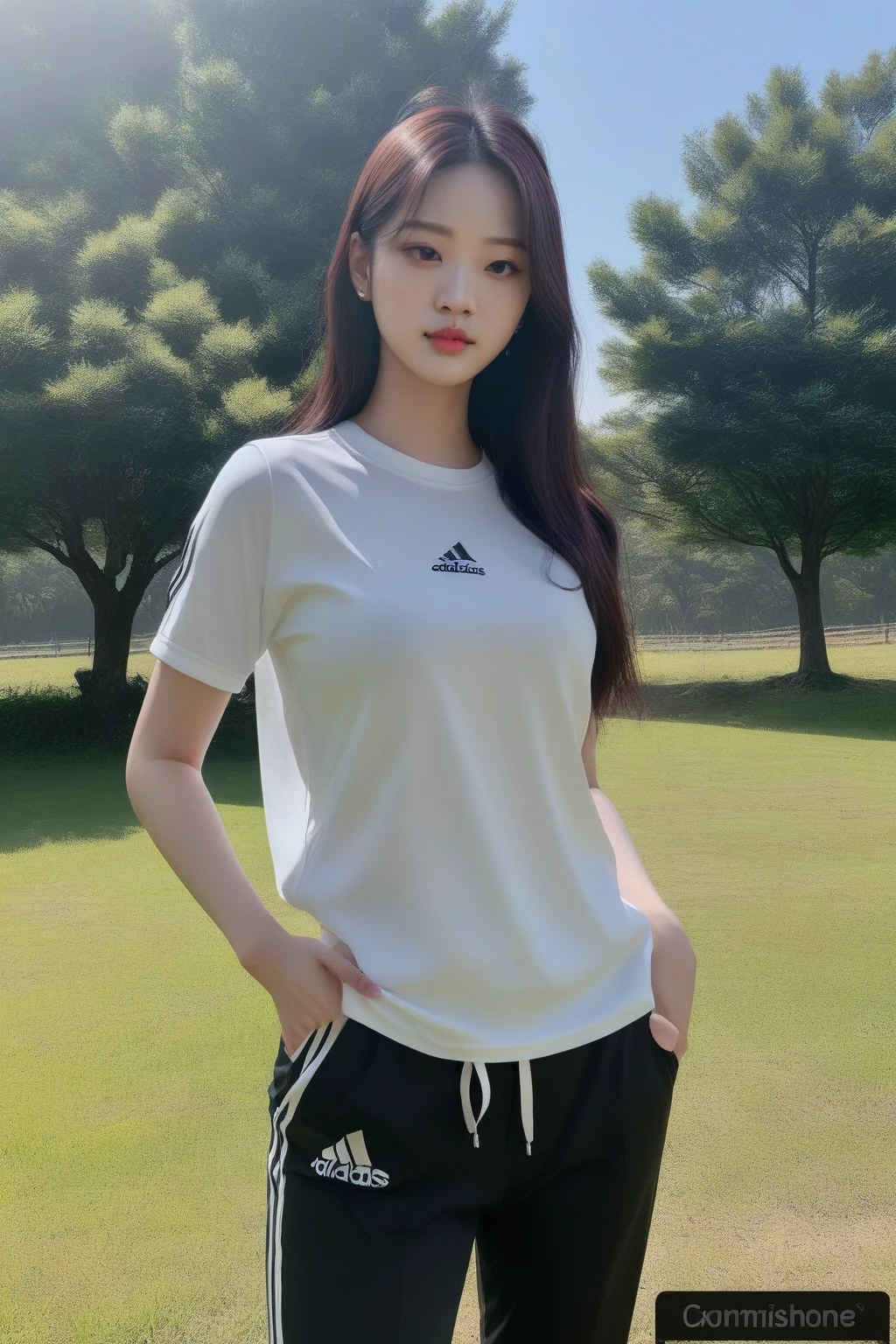 a woman standing in a field wearing a white shirt and black pants, wearing adidas clothes, Suzy, wearing a volleyball shirt, jennie blackpink,  korean, Jinyoung Shin, plain and tight white suit, tzuyu from twice, heonhwa choe, linda jovem korean, wenfei you, sports clothes, mesh shirt, linda mulher sul-korean