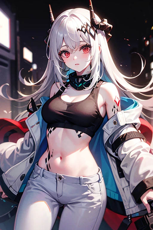  mudrock  1girl solo red eyes white hair horns long hair tattoo sports bra white jacket jacket open jacket white pants infection monitor \(arknights\),