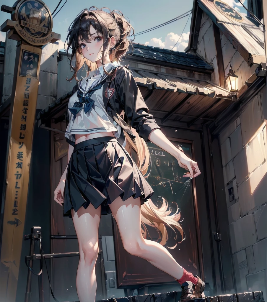 ((((absurdres, RAW photo, extremely delicate and beautiful, masterpiece, Best Quality, ultra high resolution, 32k, hyperrealistic, ultra-detailed)))), ((perfect ???????)), super Detailed skin, perfect figure, Very detailed CG 8k wallpaper, in her 20s, very small head, very small face, delicate facial features, tearful mole, earring, very huge round breasts, full body shot, shorter middle hair, wavy hair, outdoor, ((((school uniform)))),