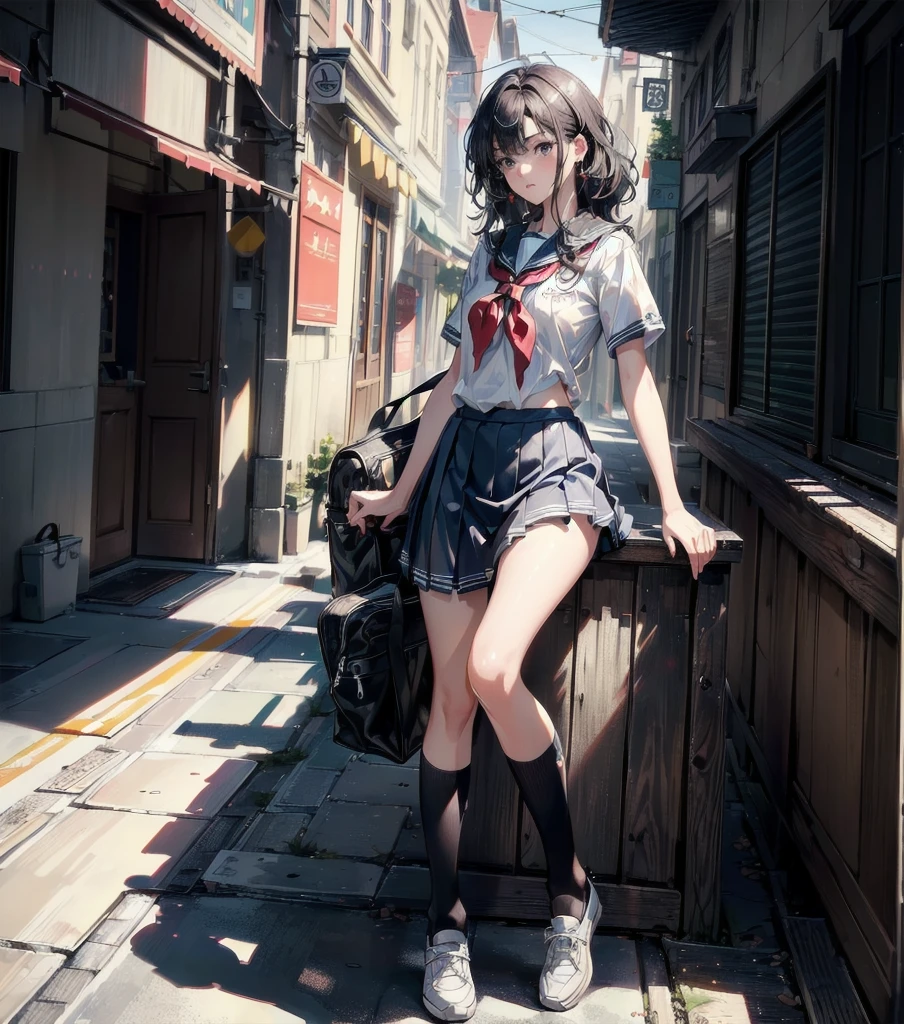 ((((absurdres, RAW photo, extremely delicate and beautiful, masterpiece, Best Quality, ultra high resolution, 32k, hyperrealistic, ultra-detailed)))), ((perfect anatomy)), super Detailed skin, perfect figure, Very detailed CG 8k wallpaper, in her 20s, very small head, very small face, delicate facial features, tearful mole, earring, very huge round breasts, full body shot, shorter middle hair, wavy hair, outdoor, ((((school uniform)))),