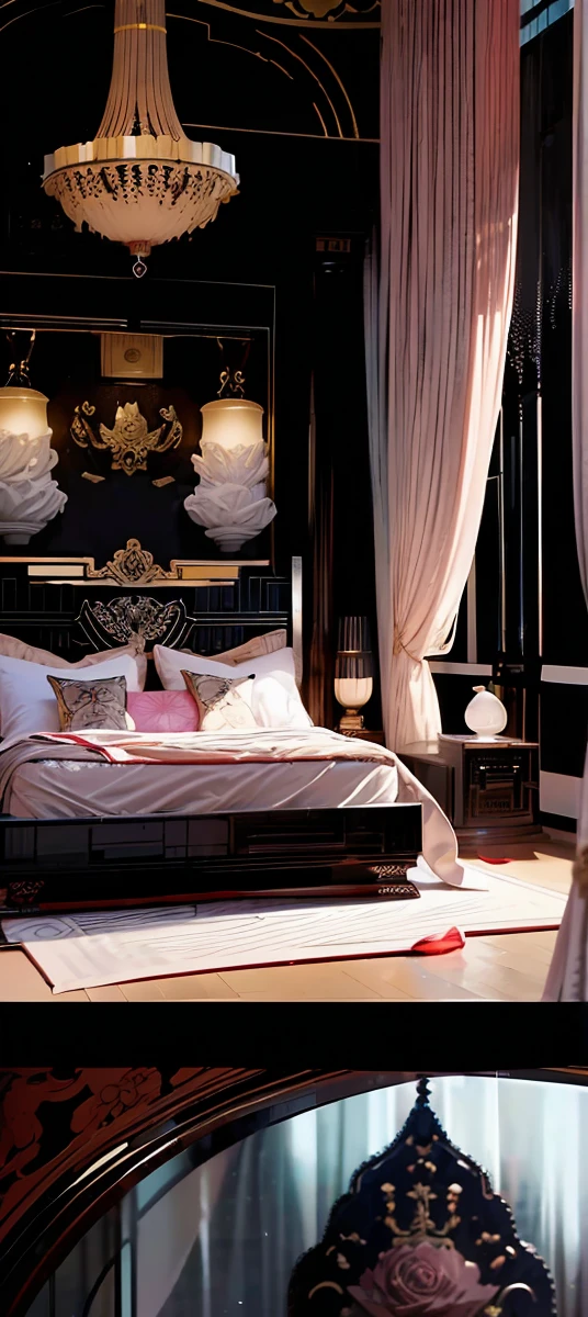 Best quality, masterpiece, ultra high res, raw photo, beautiful and aesthetic,deep shadow, dark theme,(ultra detailed:1.3), divine, royal bedroom, indoors, luxurious palace, canopy bed, full of curtains, pillows, jewelry, candlelight, queen bedrooms, pink room, Chinese style bedroom