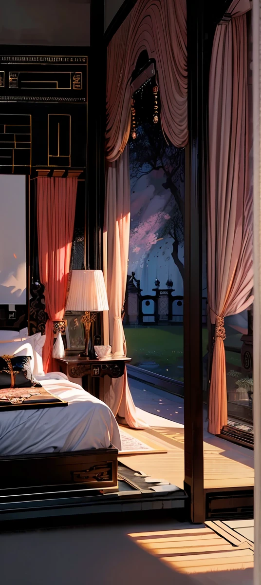Best quality, masterpiece, ultra high res, raw photo, beautiful and aesthetic,deep shadow, dark theme,(ultra detailed:1.3), divine, royal bedroom, indoors, luxurious palace, canopy bed, full of curtains, pillows, jewelry, candlelight, queen bedrooms, pink room, Chinese style bedroom