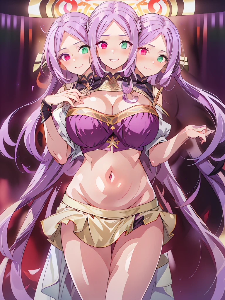 (masterpiece, best quality), best resolution, (3heads:1.5), 1girl, light purple hair, long flowing hair, smiling, seductive smile, open belly, black crop top, dark purple miniskirt, open breasts, big tits, very huge tits, one scarlet red eye and one light green eye, heterochromia, detailed eyes, beautiful eyes, alluring presence,