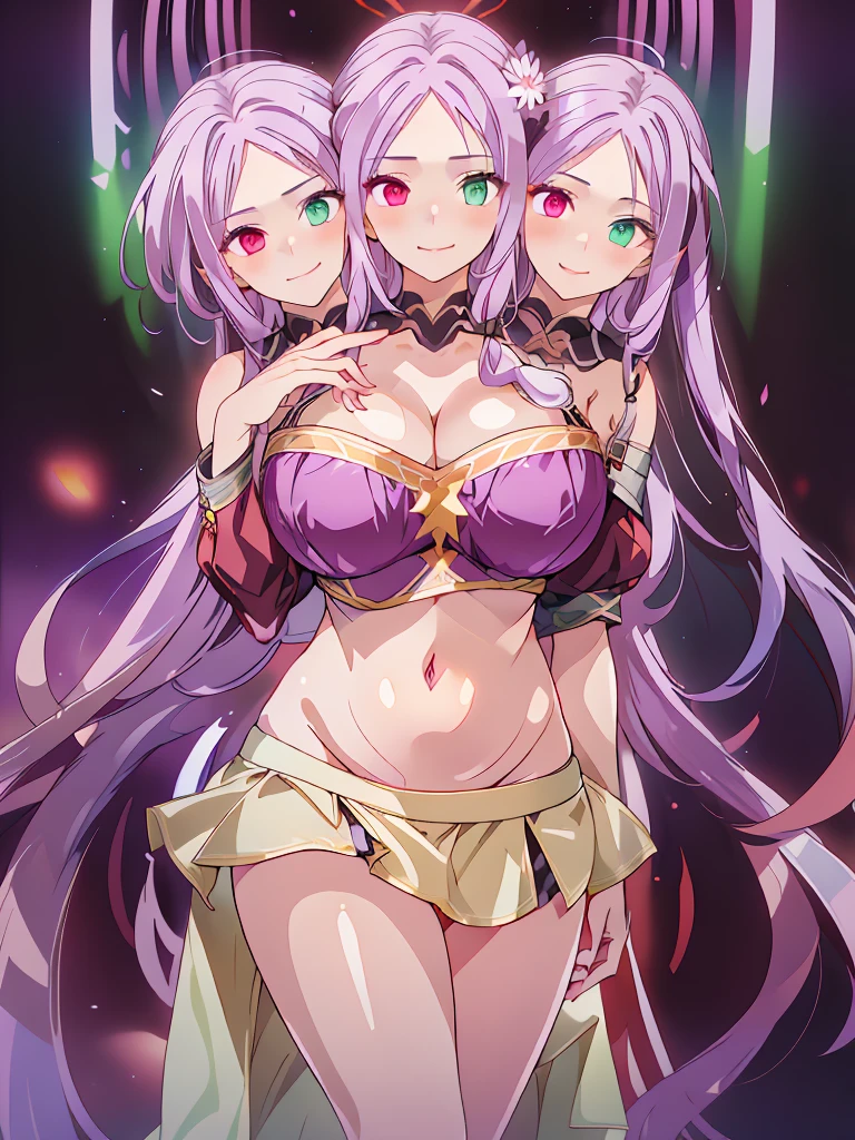 (masterpiece, best quality), best resolution, (3heads:1.5), 1girl, light purple hair, long flowing hair, smiling, seductive smile, open belly, black crop top, dark purple miniskirt, open breasts, big tits, very huge tits, one scarlet red eye and one light green eye, heterochromia, detailed eyes, beautiful eyes, alluring presence,