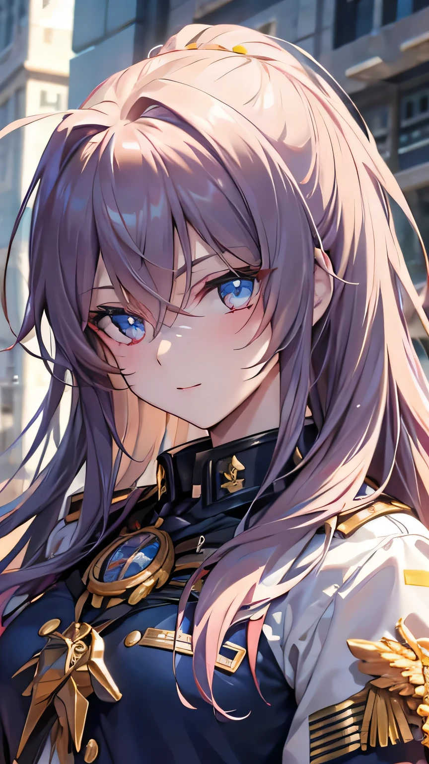 ((best quality)), ((masterpiece)), (detailed face and eyes), detailed hands and fingers, perfect face, accurate, textured skin, high details, gradient hair, hair between eyes, hair over shoulder, big hair, hair over eyes, anime, sparkle, Military uniform, military medal, medal, American Revolutionary War era officers, US Army, Background (battlefield), dusty wilderness, Sunset, from below