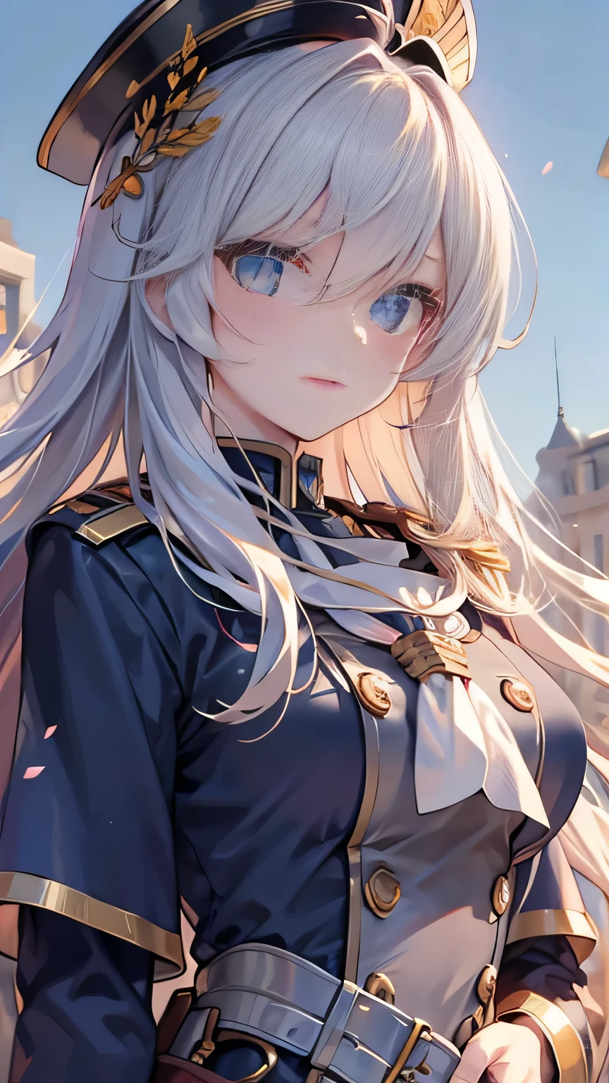 ((best quality)), ((masterpiece)), (detailed face and eyes), detailed hands and fingers, perfect face, accurate, textured skin, high details, gradient hair, hair between eyes, hair over shoulder, big hair, hair over eyes, anime, sparkle, Military uniform, military medal, medal, American Revolutionary War era officers, US Army, Background (battlefield), dusty wilderness, Sunset, from below