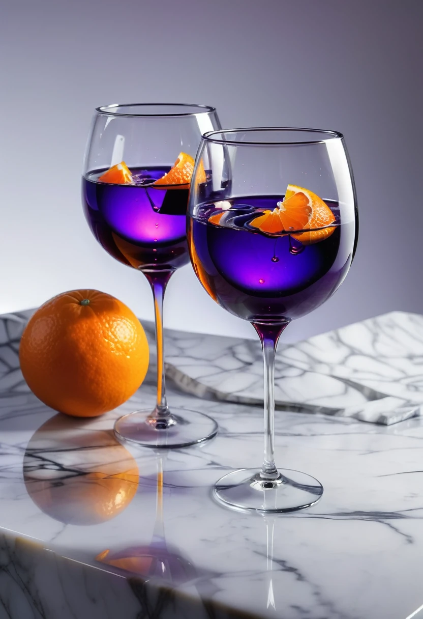 surreal glass shape, liquid glass, chromatic aberration, broken prism, refraction, light caustics, smokey background, detailed illustration , oranges on a white marble table, deep purple velvet drapes, 8k, photography style,2 glasses with orange bioluminescent fluid in them, on a white marble table, bioluminescent, colorfull, glow, at sunset. misty light.