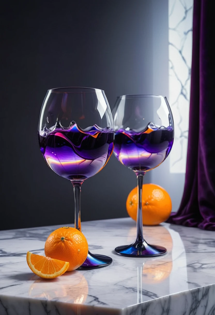 surreal glass shape, liquid glass, chromatic aberration, broken prism, refraction, light caustics, smokey background, detailed illustration , oranges on a white marble table, deep purple velvet drapes, 8k, photography style,2 glasses with orange bioluminescent fluid in them, on a white marble table, bioluminescent, colorfull, glow, at sunset. misty light.