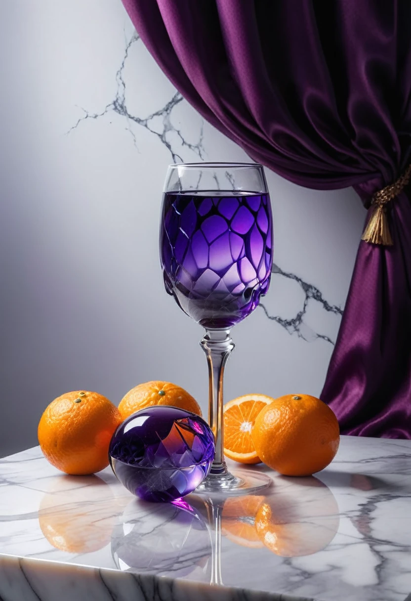 surreal glass shape, liquid glass, chromatic aberration, broken prism, refraction, light caustics, smokey background, detailed illustration , oranges on a white marble table, deep purple velvet drapes, 8k, photography style,2 glasses with orange bioluminescent fluid in them, on a white marble table, bioluminescent, colorfull, glow, at sunset. misty light.