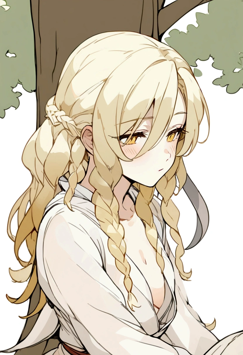 Masterpiece, High quality, High quality of art, anime lineart, Oil painting style, 1boy, Femboy, Light golden hair, braids, Yellow eyes, red eyeshadows, calm, half-asleep, near a large tree, feminine, in simple rustic clothes, Half-naked, morning, Pale, This boy is sitting under a tree near the river, Fluffy curly hair with braids, In the clothes of a boy of the Middle Ages