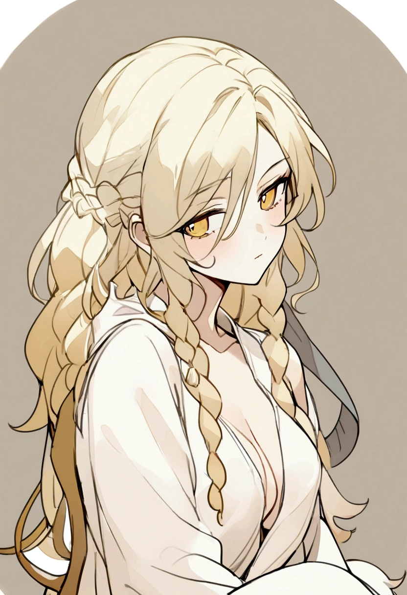 Masterpiece, High quality, High quality of art, anime lineart, Oil painting style, 1boy, Femboy, Light golden hair, braids, Yellow eyes, red eyeshadows, calm, half-asleep, near a large tree, feminine, in simple rustic clothes, Half-naked, morning, Pale,