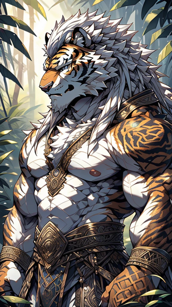 (masterpiece),(highres),(intricate details:1.4),extremely detailed,(illustration:1.2),8k,photorealistic,Anime headshot,exquisite,full body shot,aged,elder male tiger,white fur,muscular,warrior,(naked upper body:1.4),(white hair:1.3),hot jungle,sexy