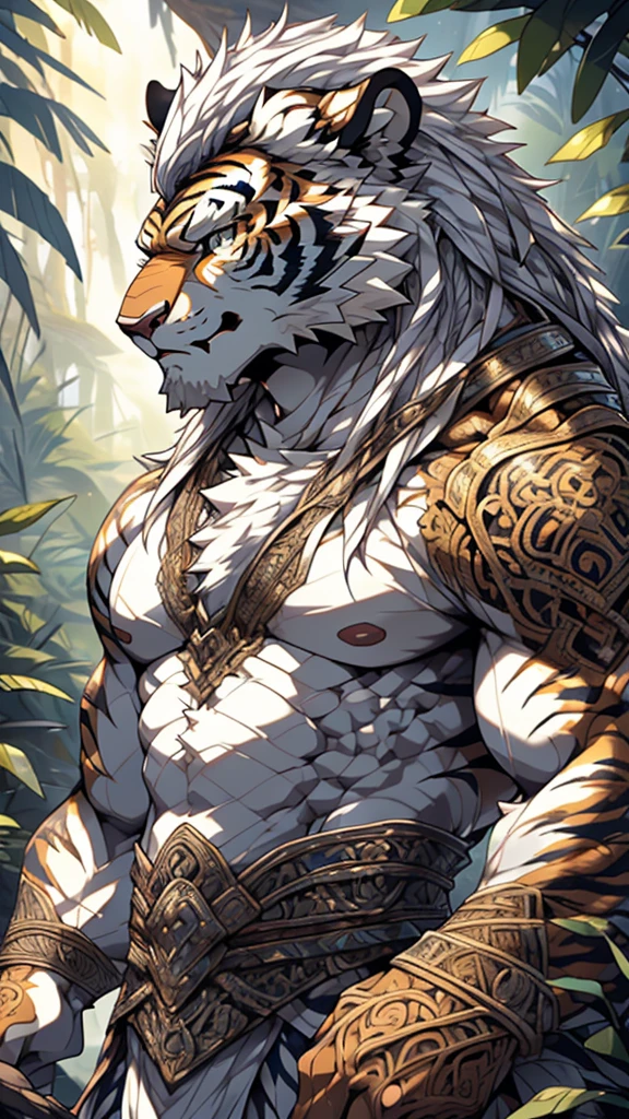 (masterpiece),(highres),(intricate details:1.4),extremely detailed,(illustration:1.2),8k,photorealistic,Anime headshot,exquisite,full body shot,aged,elder male tiger,white fur,muscular,warrior,(naked upper body:1.4),(white hair:1.3),hot jungle,sexy 