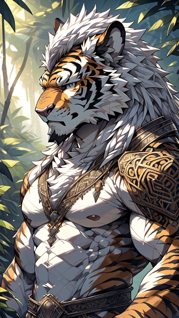 (masterpiece),(highres),(intricate details:1.4),extremely detailed,(illustration:1.2),8k,photorealistic,Anime headshot,exquisite,full body shot,aged,elder male tiger,white fur,muscular,warrior,(naked upper body:1.4),(white hair:1.3),hot jungle,sexy