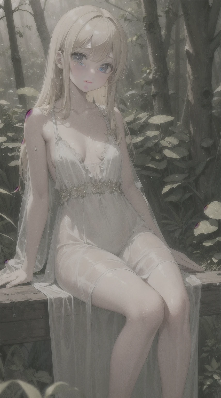 (masterpiece), (best quality), (detailed), Light Layer, 1 Solo Girl, Young girl in the forest, Sexy Sheer Colonial Dress, Perfect body, Blonde hair, Clear , Well-defined collarbone, surreal, lifelike, detailed, Perky transparent nipples, Wet clothes,