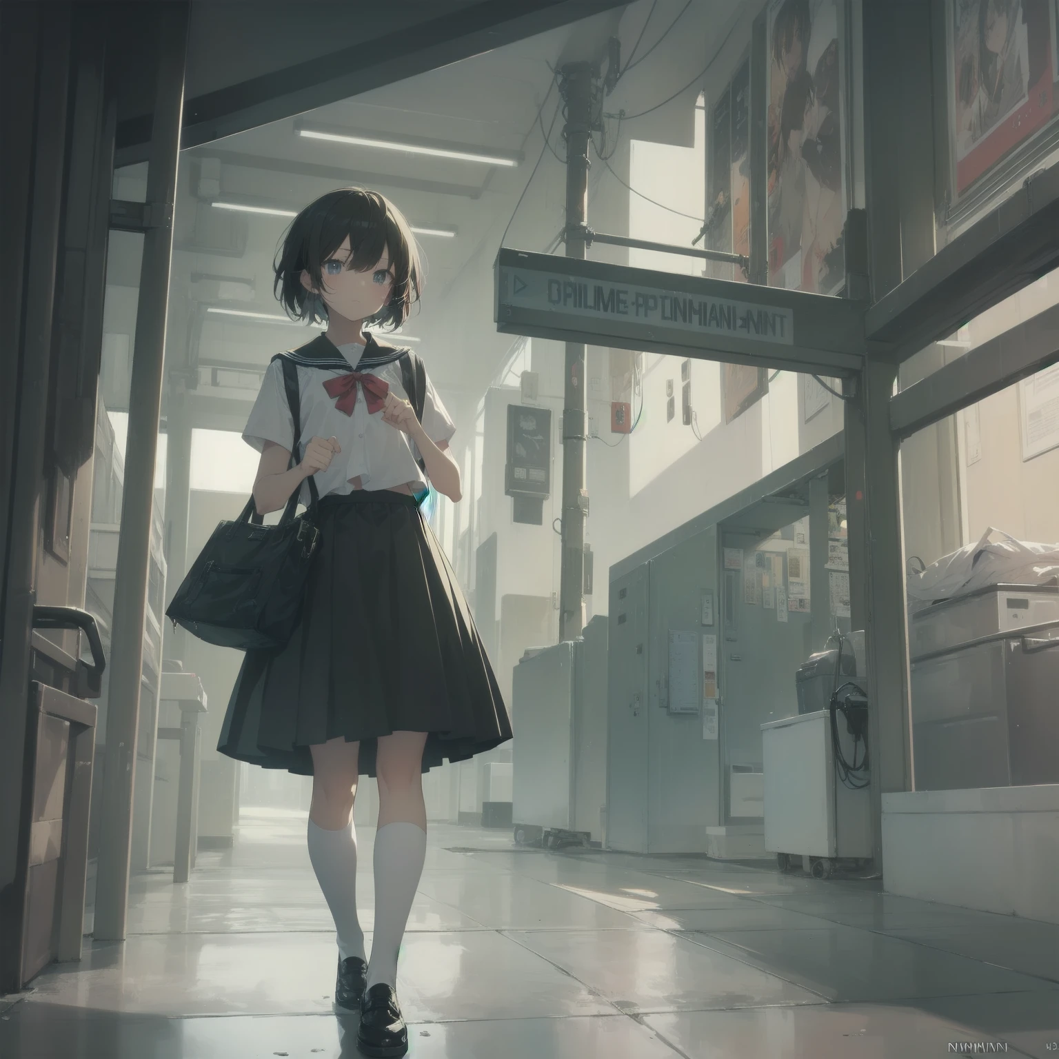 ultra-absurdres-Top quality by artist God, ultra-detailed, high resolution, anime moe artstyle, best anime 8k konachan wallpaper, pixiv contest winner, pool:2810, perfect anatomy,break, 1girl, (Please draw a girl walking sleepily to school alone. )break,(Solo,little female, 13-year-old:1.3),Full limbs, complete fingers,a junior high school student, (very short hair), short cut, flat chest, , small butt, small black eyes, beautiful detailed eyes, well-proportioned iris and pupils, expressive eyes, highres detailed hair, soft expression, salor school_uniform, sailor collar, serahuku, bow, pleated skirt,(Detailed Lighting), (Detailed background), in the School commute route. break,super detailed skin, Best cinematic lighting powered by famous artist, 8k,beauty illustration,photoshop_(medium),very aesthetic,break,((artist:null_(nyanpyoun) )), artist:clamp ,artist:carnelian ,artist:kantoku ,
