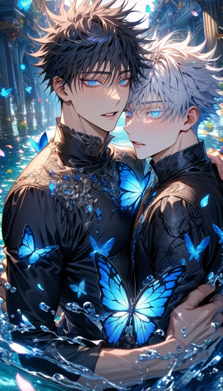 Ultra detailed, HDR, Highres, absurdres, master piece, Gojou Satoru, expressive blue eyes, white hair with bangs, white eyelashes, Fushiguro Megumi, expressive blue eyes, black hair, Jujutsu Kaisen, black shirt, blue glittering butterflies, blue ice, petals, blue ice glass roses, 2 sexy men together, gay couple, love, handsome, glittering, water, fantasy, magical