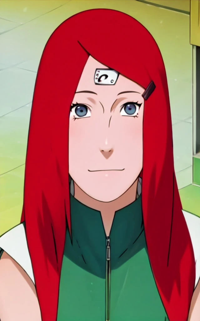 full body, uzumaki kushina, Kushina Uzumaki, masterpiece, high quality, UHD Quality, 4k Quality, perfect, perfection, perfect all,
long red hair, hair ornament, swept bangs, gray eyes, hairclip, perfect face, perfect body, perfect hair, expressive eyes, Soft smile, perfect waist, blushing, green dress, white tiny short sleeves, collar