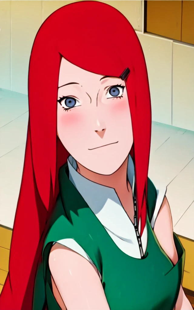 full body, uzumaki kushina, Kushina Uzumaki, masterpiece, high quality, UHD Quality, 4k Quality, perfect, perfection, perfect all,
long red hair, hair ornament, swept bangs, gray eyes, hairclip, perfect face, perfect body, perfect hair, expressive eyes, Soft smile, perfect waist, blushing, green dress, white tiny short sleeves, collar