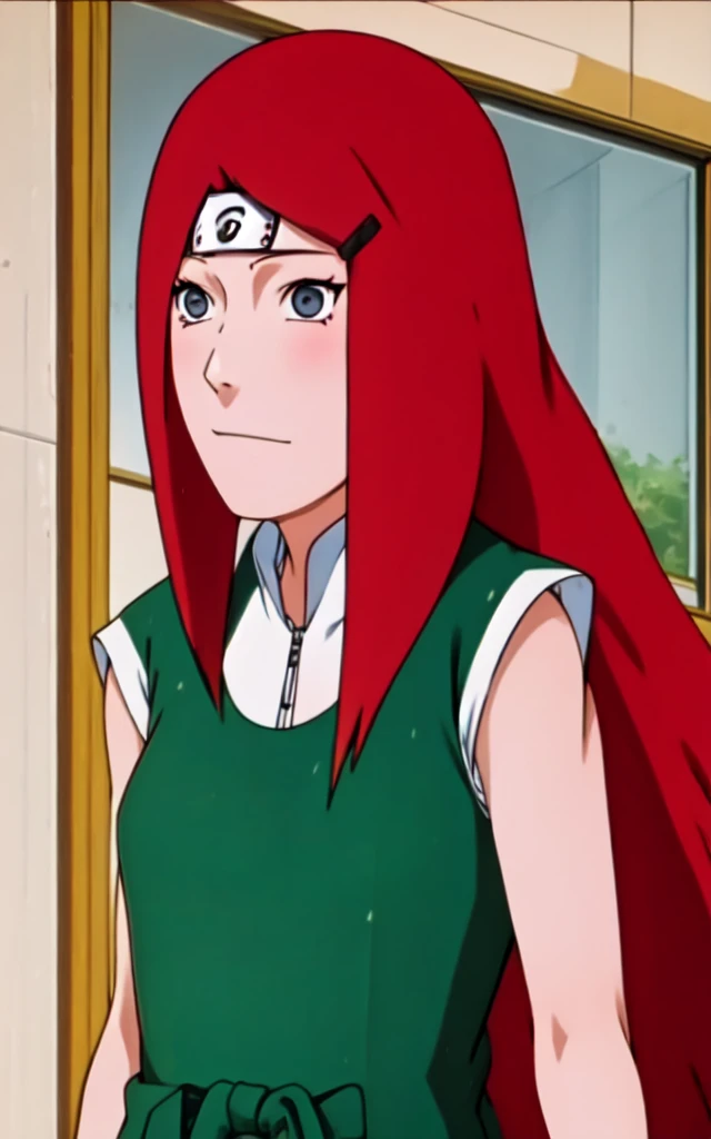 full body, uzumaki kushina, Kushina Uzumaki, masterpiece, high quality, UHD Quality, 4k Quality, perfect, perfection, perfect all,
long red hair, hair ornament, swept bangs, gray eyes, hairclip, perfect face, perfect body, perfect hair, expressive eyes, Soft smile, perfect waist, blushing, green dress, white tiny short sleeves, collar