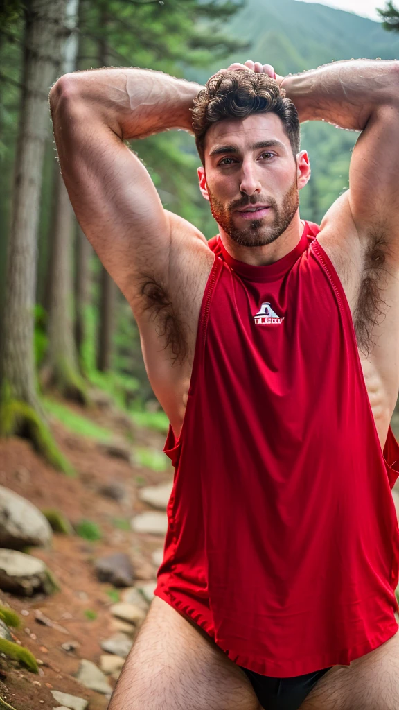 1male, (Pablo Schreiber:1) showing his armpits on a mountain rock wearing a tank top red shirt, river, forest, (hairy armpits:1.25), 4k uhd, dslr, soft light, high quality, Fujifilm XT3