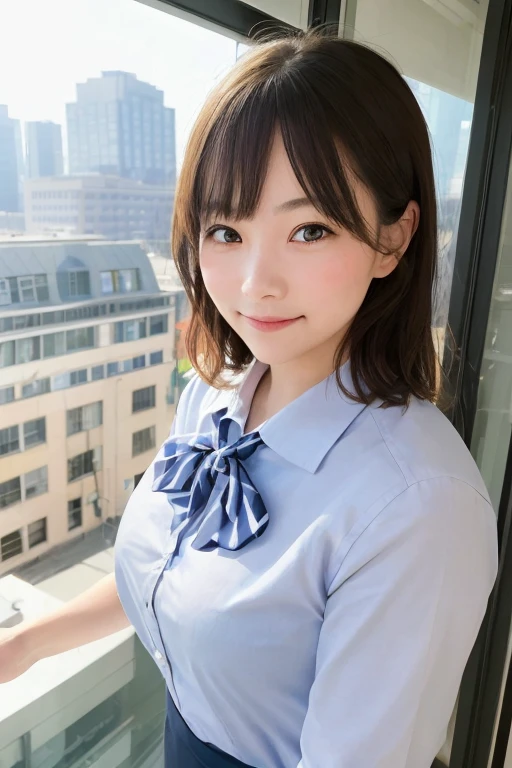 One girl, Best, bow, photograph, Realistic, Highest quality, employment, Detailed face, office, Building seen from the window, Detailed Background, Diffused sunlight, Depth of written boundary, Bokeh