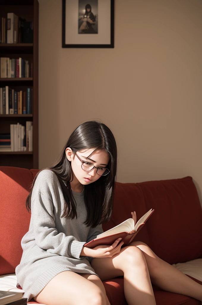 Create a photo of a -yeld giwith glasses sitting in her room with her head down reading a book of poetry on the edge of the couch in her home. Make the photo as realistic and human as possible. From a distant angle that shows her and a part of her room